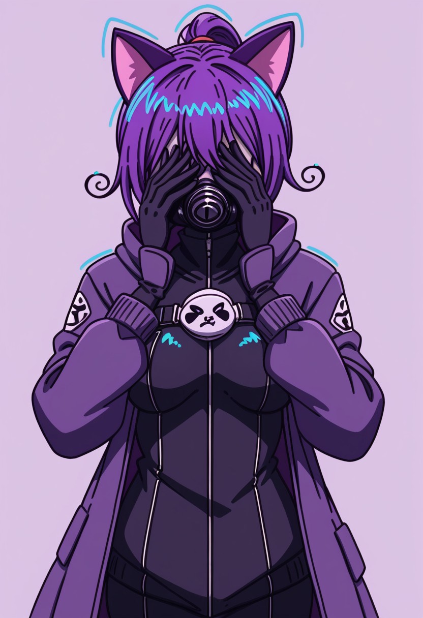score_9, score_7_up, solo, solo, medium breasts, pose, gasmask covering face, cat ears,
1girl, purple hair, ponytail, black clothes, coat, gloves, hoodie, white clothes, body armor,
