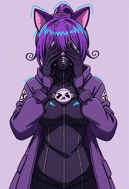 score_9, score_7_up, solo, solo, medium breasts, pose, gasmask covering face, cat ears,
1girl, purple hair, ponytail, black clothes, coat, gloves, hoodie, white clothes, body armor,