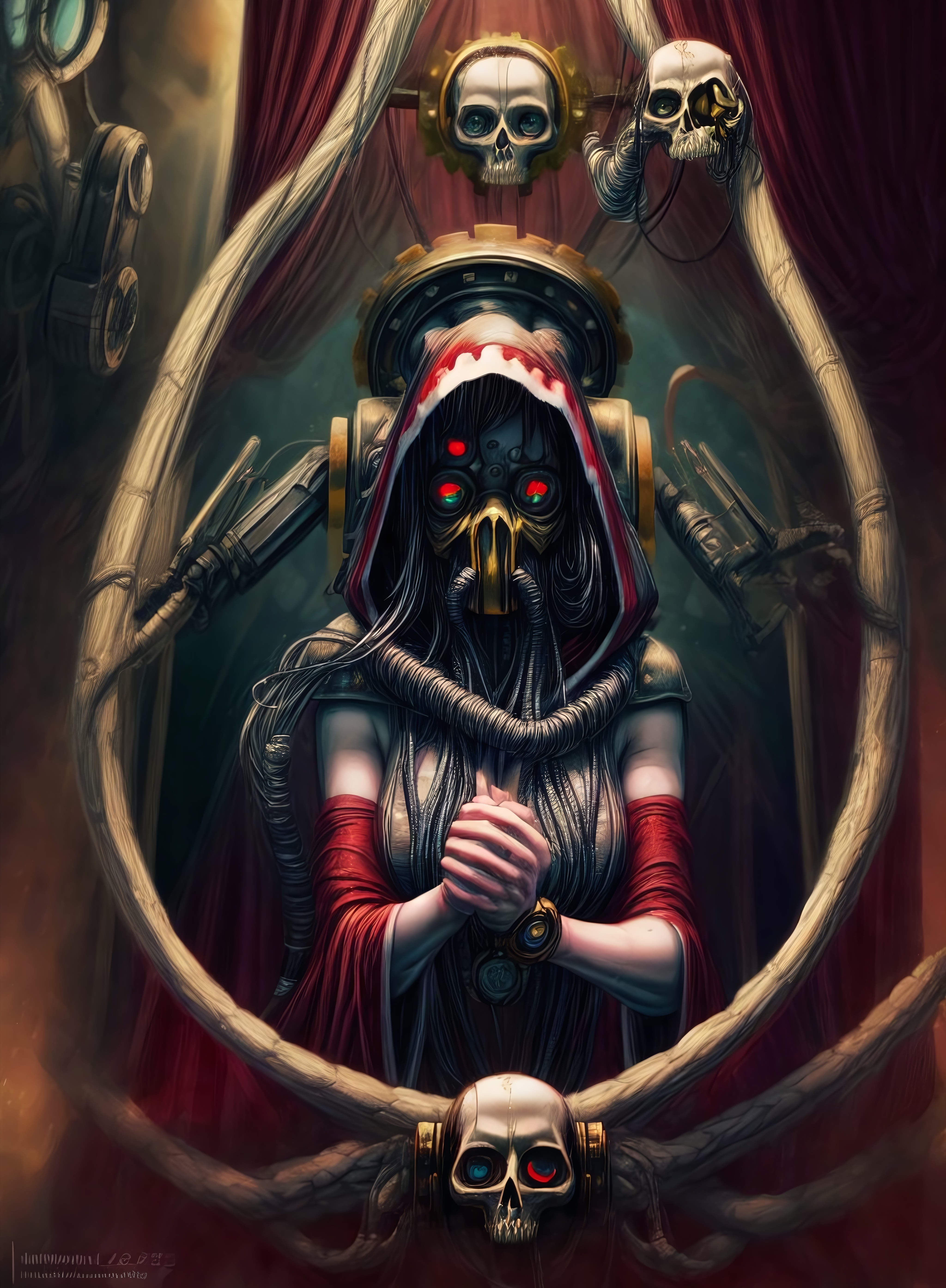 posing for camera,hyperrealistic,absres,8k,wallpaper art,
warhammer 40k,(25 year old woman, alternate hair color absurdly long hair french braid, blue eyes ,sigh) (skull, tube, science fiction, mask, extra arms, hood, robe, glowing eyes, mechanical arms,extra mechanical arms, steampunk, armor, techno-cultist hood)),best quality,<lora:hairdetailer:0.2>,detailed skin,metal reflecting light,techpriest,<lora:techpriest:1.4>,
8k uhd,dslr,harsh lighting,high quality,film grain,Fujifilm XT3,highly detailed background,sharp focus,detailed,extremely detailed,extremely intricate,illuminated by electric sparks:1.2,cinematic lighting,((detailed scenery, intricate scenery, inside spaceship,sparks, cables),,,,<lora:EnhancedDetail:0.5>,,,,,,,<lora:detail_slider_v4:0.9>,,,,,,,<lora:add_detail:0.7>,,,,,,,<lora:bloodvessel:0.5>,,,,,,,<lora:more_details:1>,,,,,<lora:MechanicusStyleAIp:1>,,,
