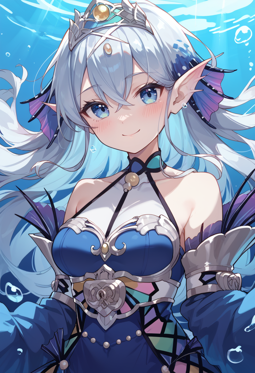 (score_9:0.9),score_8_up,score_7_up,rating_explicit,(zPDXL3),high res image,masterpiece,best quality,
<lora:Tearlaments Kitkallos PonyXL v5:0.74>,blue dress,tearlaments kitkallos, silver tiara, blue detached sleeves, 1girl, solo, smile, blush, looking at viewer, upper body, underwater, medium breasts, mermaid