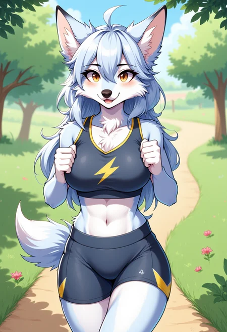 The fit AFG furry anthro wolf girl with pale blue and white fur and amber eyes in the sports bra and gym shorts jogging in the park. The sports bra features a yellow lightning sign. Detailed art.
<lora:Anza_Furry_Girls_Flux:0.8>