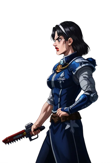 score_9, score_8_up, score_7_up, charturnerv2, solo, (side profile facing right),walking through gothic space ship corridor, kwkm, black eyes, black hair, extra long shiny thick hair, blunt bangs, parted bangs, (red & white striped American flag hairband), mole under eye, muscular, muscular female, twintails, (((muscular female))), thick thighs,  (adepta sororitas, wh40k, battle sisters, reflective power armor, black and neon-crimson and light-blue armor), pauldron), thick lips, large breasts, cleavage, head tilted up, stern and disgusted expression on face, (right hand holding hilt of 40kchainsword), (detailed neon lit Gothic Starship corridor with large windows showing surreal landscape outside)
