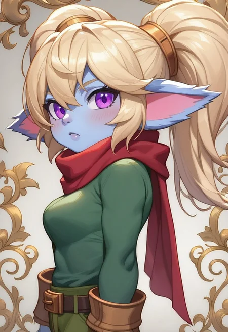 score_9,score_8_up,score_7_up,detailed eyes, beautiful, detailed background, perfect eyes,source_anime, very aesthetic, anime screencap, anime coloring,source_furry,
1girl,Poppy,lol,yordle,colored skin,blue skin,medium breasts,fluffy ears,blonde hair,twintails,purple eyes,red scarf, green snakeskin shirt,green snakeskin pants,brown boots,side view,looked at viewer, festive,