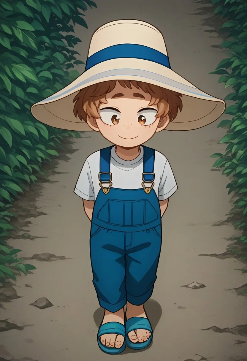 score_9, score_8_up, score_7_up, source_anime, highly detailed, cute boy, 1boy, solo, young, katsuma, sun hat, curly hair, light brown hair, brown eyes, white t-shirt, knee length overalls, hands behind back, shy smile, sandals, looking at viewer, avoiding eye contact, looking down