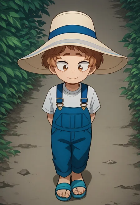score_9, score_8_up, score_7_up, source_anime, highly detailed, cute boy, 1boy, solo, young, katsuma, sun hat, curly hair, light brown hair, brown eyes, white t-shirt, knee length overalls, hands behind back, shy smile, sandals, looking at viewer, avoiding eye contact, looking down