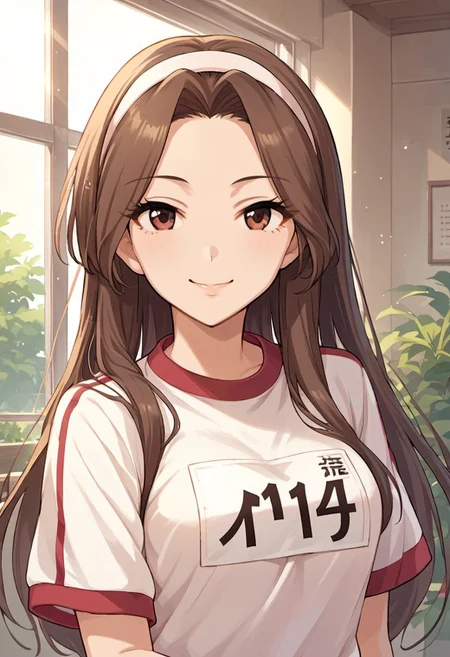 score_9, score_8_up, score_7_up, source_anime, komuro chinami, long hair, brown hair, brown eyes, 1girl, solo, gym uniform, hairband,looking at viewer, name tag, smile shirt, short sleeves