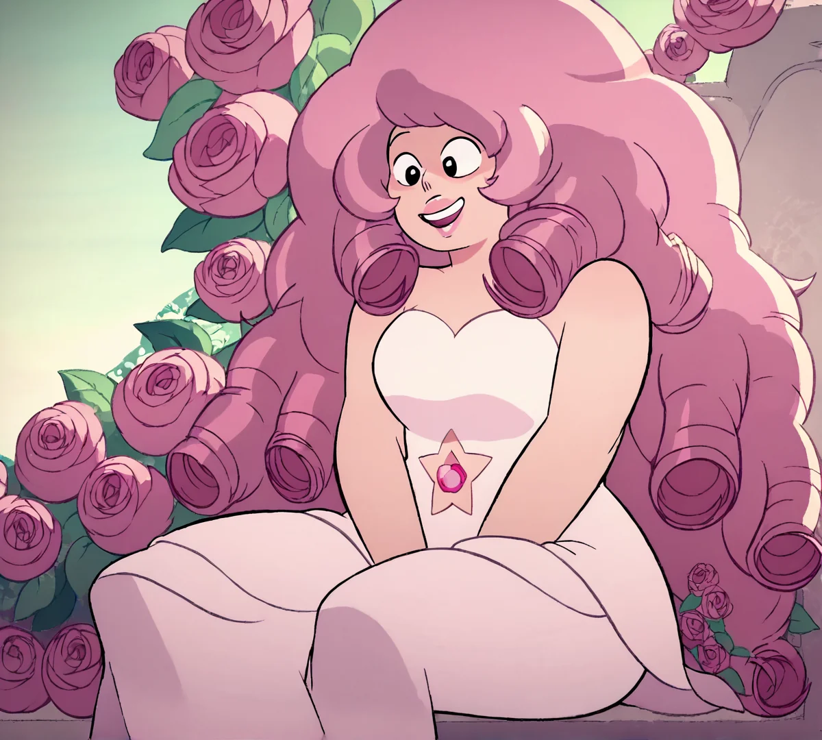 Rose Quartz, black eyes, zPDXL, best quality, amazing quality, score 9, 1girl, happy, content, sitting, roses, outdoors, <lora:Rose_Quartz:1>