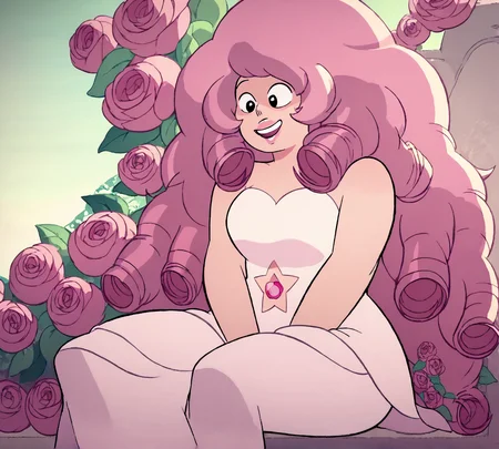 Rose Quartz, black eyes, zPDXL, best quality, amazing quality, score 9, 1girl, happy, content, sitting, roses, outdoors, <lora:Rose_Quartz:1>