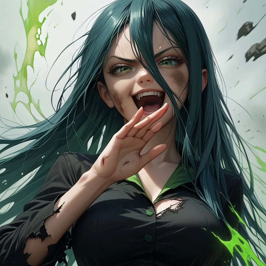 score_9, score_8_up, score_7_up, score_6_up, score_5_up, score_4_up, 1girl, Queen Chrysalis, long hair, torn clothes, cuts and bruises, wind blowing hair, green energy, large breasts, skinny, <lora:ojou-sama-pose-ponyxl-lora-nochekaiser:1>, ojou-sama pose, laughing, smug, hand to own mouth, open mouth,