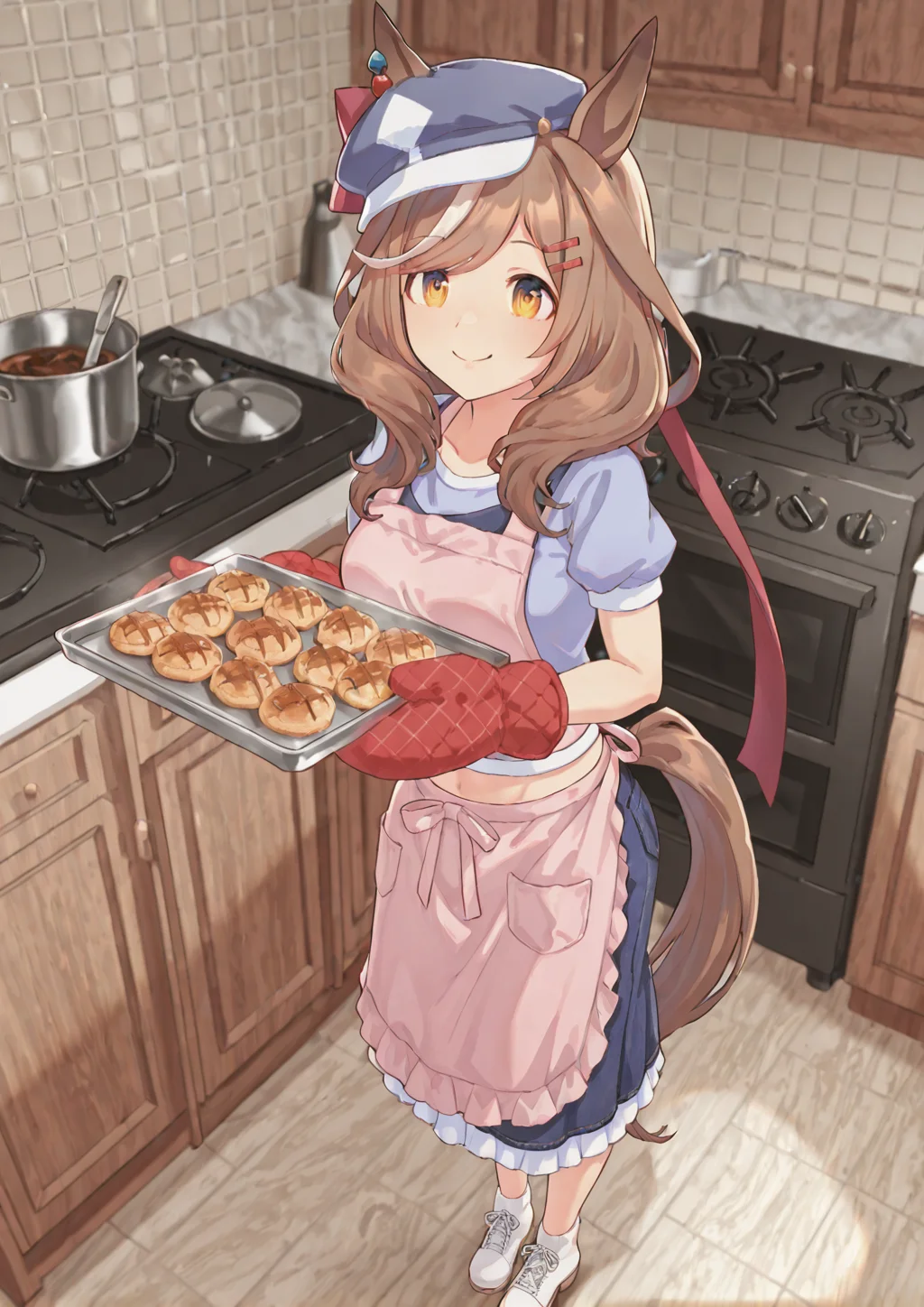 <lora:ILL_matikane_tannhauser_ver1.02:0.8> matikane tannhauser \(umamusume\), 1girl, horse ears, horse tail, ear ornament, red hairclip, blue cabbie hat, red hair ribbon, full body, standing, midriff, horse girl,
<lora:spo_sdxl_10ep_4k-data_lora_webui:1> <lora:illustrious_quality_modifiers_masterpieces_v1:1> score_9, score_8_up, score_7_up, score_6_up, masterpiece, best quality, very aesthetic, absurdres
<lora:baking-cookies-ponyxl-lora-nochekaiser:1> baking cookies, food, apron, oven mitts, holding, tray, smile, holding tray