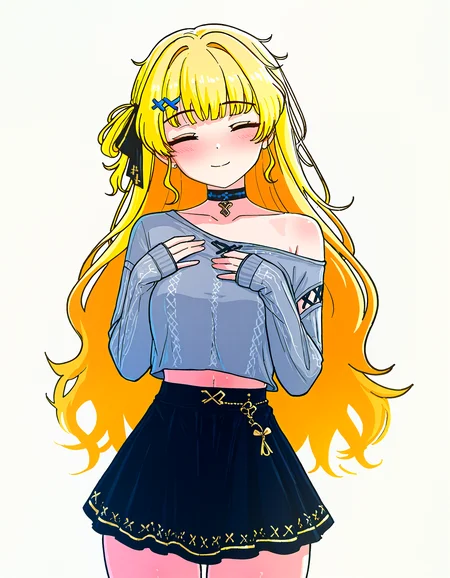 (masterpiece, best quality, newest, very aesthetic, highres, absurdres:1.2), simple background, white background, <lora:Pongdlr:0.6> pongdstyle , BREAK
1girl, solo, <lora:PhoebeV1:0.85> phoebe, long hair, blonde hair, hair ribbon, x hair ornament, cowboy shot, upper body, (closed eyes:1.1), smile, <lora:OffShoulderBackLaceUpRippedKnitCropTopILL:0.7> knit crop top, sleeves past wrists, off shoulder, hand on own chest, grey shirt, black skirt,
<lora:noobai_vpred_1_masterpieces_v23:0.85>