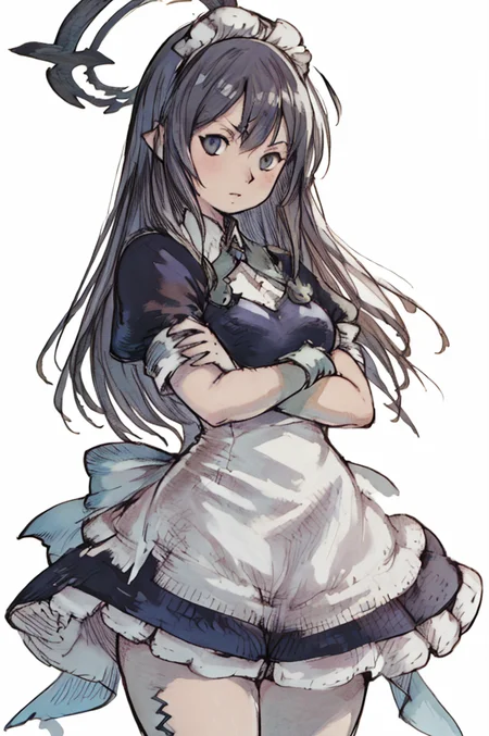 (Yoshida_Akihiko_PonyXL_style_v02.10.01), solo, 1girl, Karin_(Blue_Archive), maid uniform, halo, holing skirt, blue tie, white gloves, white pantyhose, crossed arms, white background, (Bravely Default Style), yoshida akihiko, maid headress, <lora:pony\char\game\ba\Kakudate_Karin_Pony-10.safetensors>, <lora:pony\style\Yoshida_Akihiko_PonyXL_style_v02.10.01.safetensors>, <lora:styles\yoshida_akihiko_offset.safetensors>, <lora:styles\BravelyDefault.safetensors>, <checkpoint:[Pony] duchaitenPonyXLNo_v35.safetensors>, <checkpoint:[SD15] tfmCutesyAnime2_genesis.safetensors>