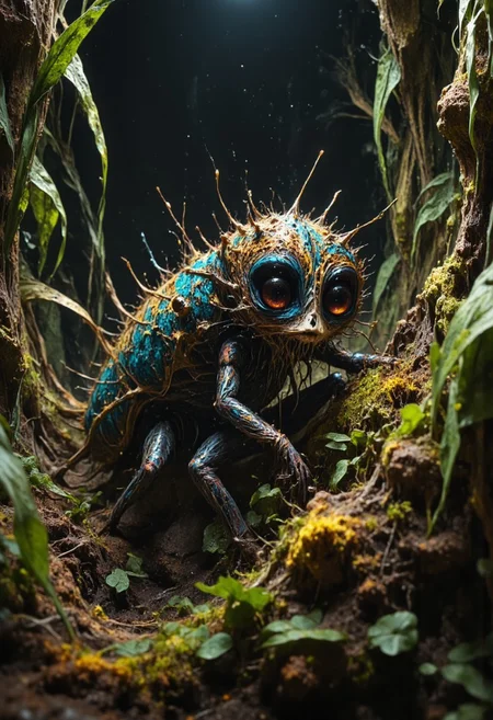 Envision a bizarre and whimsical monster, an uncanny blend of a cat and a praying mantis. Its body combines the sleek, agile form of a cat with the segmented, chitinous texture of a mantis, featuring six limbs. The two front limbs assume the typical praying posture of a mantis. Adorned with bioluminescent spots that cast an eerie glow, it presents an enchanting yet unsettling appearance. It possesses sleek, cat-like limbs that enable unexpectedly agile movements and large, luminous eyes filled with curiosity. This extraordinary creature roams an environment filled with dense, lush foliage, where tall grasses and wildflowers sway gently in the breeze. The vibrant greens and rich earth tones of this habitat provide both camouflage and a stage for this creature’s intriguing displays, embodying the strange beauty of undiscovered biodiversity with its intriguingly alien appearance.