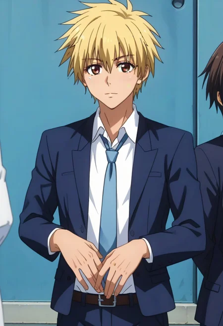 ((masterpiece)), ((best quality)), ((ultra-detailed)), score_9_up, score_8_up, score_7_up, HD, top quality, best quality, High-quality illustrations, anime screencap, perfect anatomy, 1male, 1boy, solo male, male focus, anime, anime boy, male anime character, Kuuga Sakurai, blonde hair, red-brown eyes, easynegative, ng_deepnegative_v1_75t, neghands, handsome, attractive, cute, tall, tall body, tall height, slim body, lean body, wearing white polo shirt, blue blazer, long light blue necktie, front view, front shot, looking front at viewer