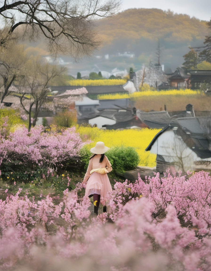 XLCNYoucaiHK,A vibrant photograph captures a woman in a wide-brimmed hat and pink jacket walking through a sea of bright yellow rapeseed flowers. She carries a small basket. The background features traditional Japanese architecture with tiled roofs and cherry blossom trees, set against misty, sunlit mountains. The scene exudes a serene, picturesque countryside ambiance.
<lora:20250330-1743320668957:0.8>,
