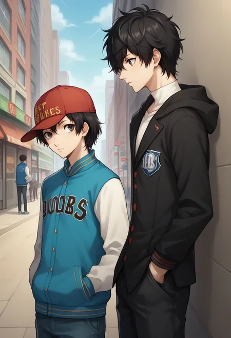 score_9, score_8_up, source_anime, highly detailed, 2boys, skinny,
shinya, 1boy, hat, baseball cap, jacket, black hair, hands in pockets, black eyes, short hair, upper body, letterman jacket, red headwear, BREAK
ren, male focus, 1boy, black hair, pants, upper body, hoodie, jacket,
outdoor, city, street, sit,