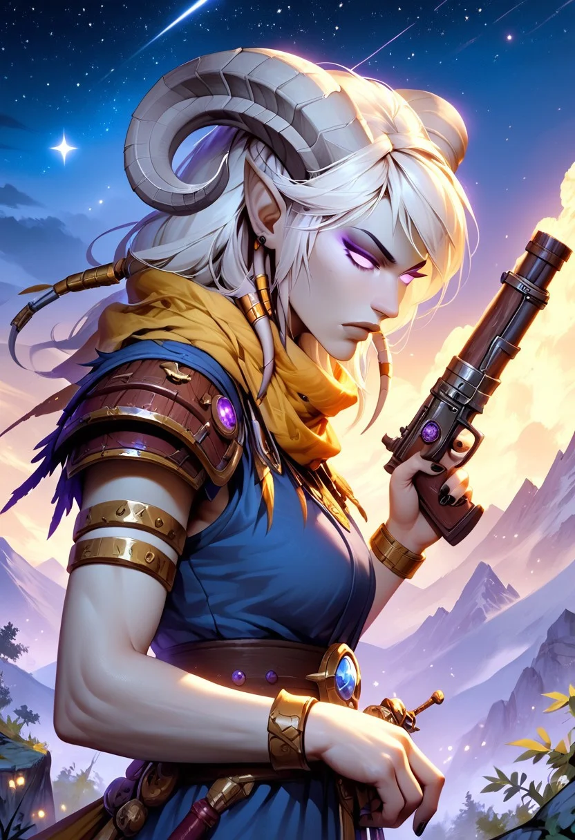 masterpiece, score_9, score_8_up, score_7_up, score_6_up, world of warcraft, detailed face,
outdoor, mountains, night, stars,
(female, mature, draenei, h0rns, ram horns, white horns, athletic arms, pale white skin, long white hair, four fingers, one thumb, black nail polish), (purple eyes), stern face, stern look,
(long loose blue dress, simple armlet, yellow silk scarf), GunMonk, shotgun,
side view