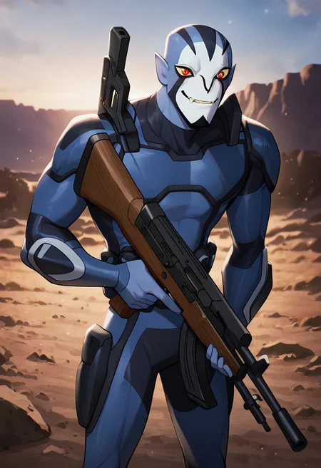 masterpiece, best quality, amazing quality, very aesthetic, absurdres, newest,
<lora:rook-10:1> rook, male focus, colored skin, alien, 1boy, yellow sclera, blue skin, white face, , red eyes, pointy ears,
blue bodysuit, armor,
smile, fangs, holding gun, assault rifle, ak-47, shooting, gun fire, ww2 warzone, ww2 trenches, tank,