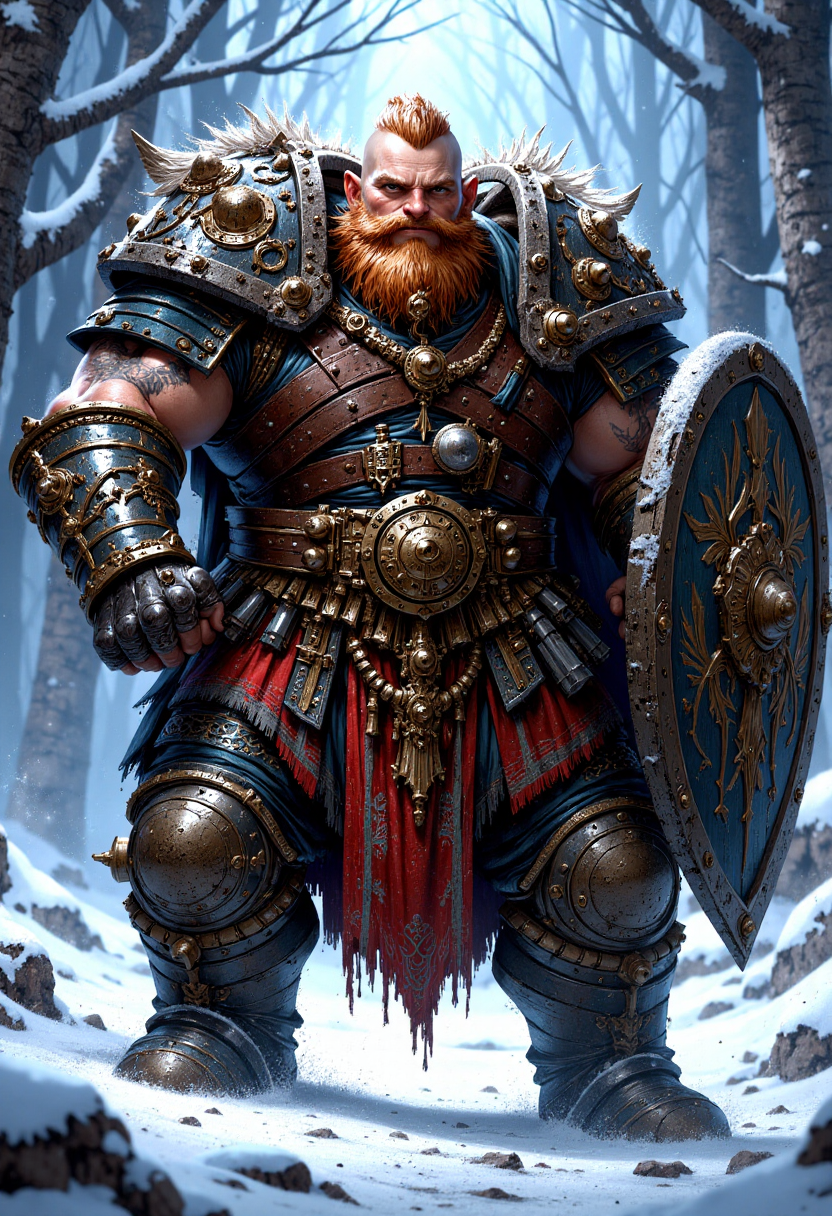 mythp0rt, dwarf warrior, long beard, heavily armored, shield, fantasy, epic, in the snow,
<lora:FluxMythP0rtr4itStyle:1>