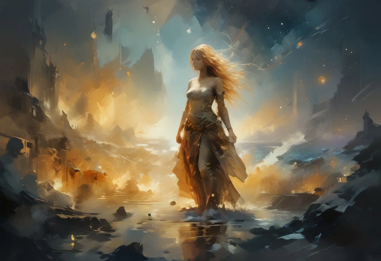 A captivating cosmic scene where Venus emerges from the ocean, waves dancing around her under a golden morning light. In the background, a starry sky serves as a canvas, with vibrant colors blending in space. Venus, shrouded in amber mist, embodies both wrath and beauty, swirling in retrograde around the blazing sun, Sol. Artistic elements suggesting a dynamic and discordant dance float around her. Illuminate this vision of a stellar future, highlighting the connection between the sea and the cosmos, with an ambiance of mystery and universal energy.