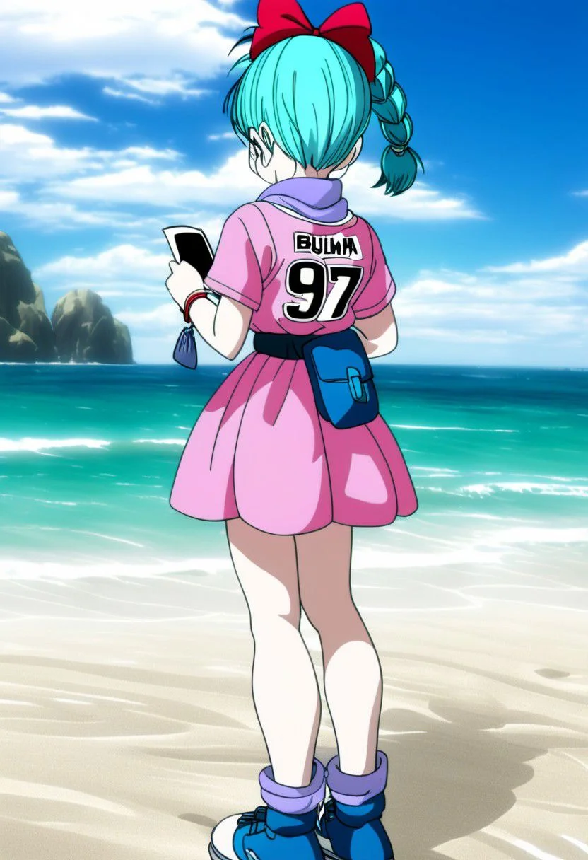 Cute bulma, lifting her dress, on the beach, original anime style , back view, winking , writing:"97" on her back