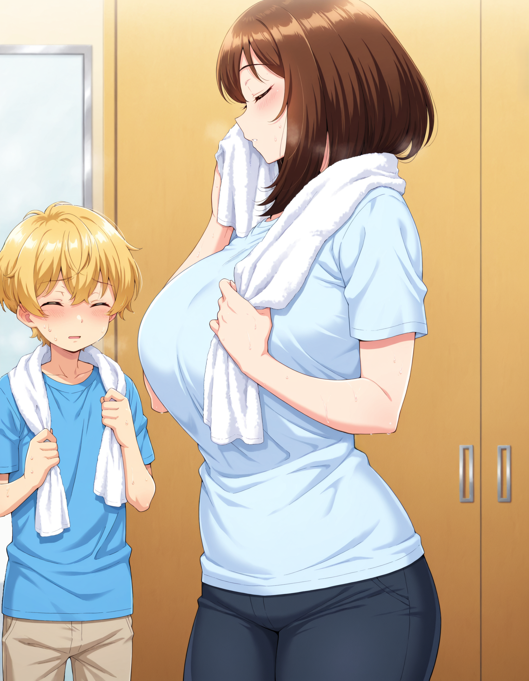 masterpiece, best quality, amazing quality, anime screencap, Riho, 1girl, medium hair, brown hair, breasts, short hair, bangs, large breasts, shirt, 1boy, standing, closed eyes, short sleeves, parted lips, pants, sweatdrop, facing viewer, towel, t-shirt, Aoikun, arm at side, age difference, size difference, height difference, towel around neck, short hair, censored, solo