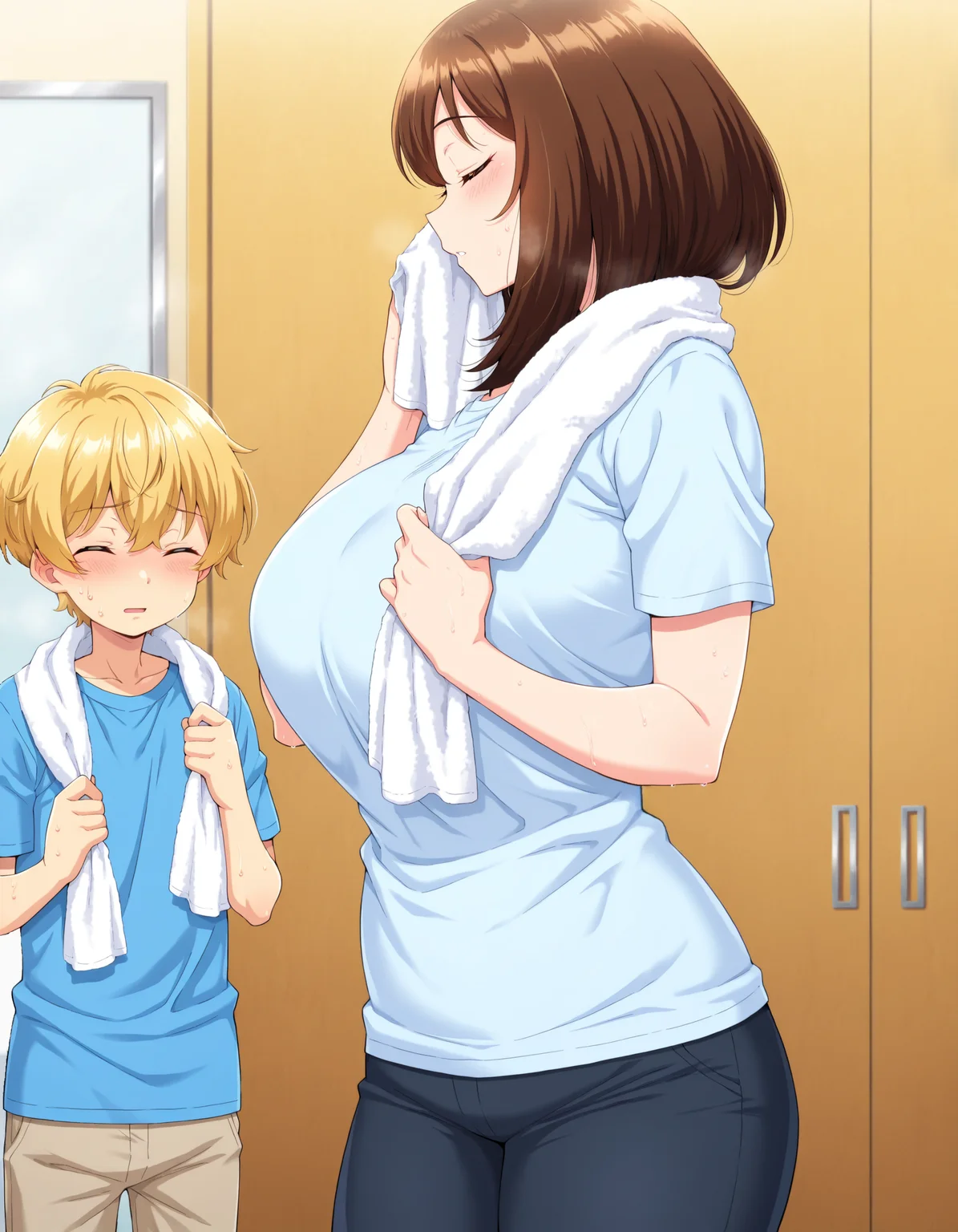 masterpiece, best quality, amazing quality, anime screencap, Riho, 1girl, medium hair, brown hair, breasts, short hair, bangs, large breasts, shirt, 1boy, standing, closed eyes, short sleeves, parted lips, pants, sweatdrop, facing viewer, towel, t-shirt, Aoikun, arm at side, age difference, size difference, height difference, towel around neck, short hair, censored, solo