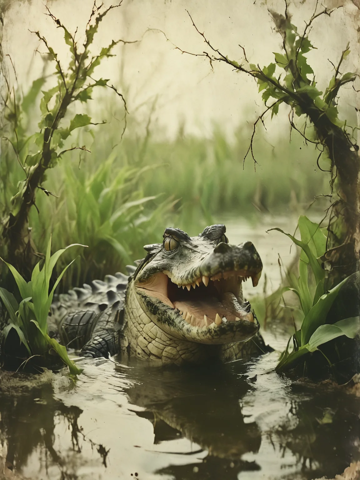 35mm Vintage photo of a crocodile in the swamps sticks its head out of the water, vines, preparing to attack, <lora:Desolation:0.8>