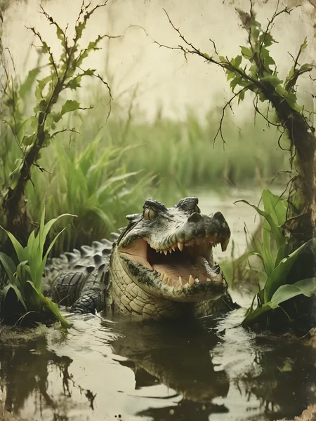 35mm Vintage photo of a crocodile in the swamps sticks its head out of the water, vines, preparing to attack, <lora:Desolation:0.8>