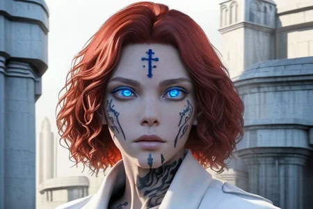 bright red hair, human female, (feminine:1.7), (beautiful face, detailed face:1.6), (beautiful eyes, detailed eyes:1.7), (looking at viewer, eye contact, intense:1.6), (long hair, red hair, curly hair:1.3), , ((masterpiece, best quality, high resolution, realistic, best quality,)), photo realistic, Perfect Face, (detailed face). <lora:GoodHands-vanilla:0.6> <lora:add-detail-xl:0.8>, mage, (Dress White military uniform coat), dagger, rune dagger, glowing runes, , (((glowing magic symbols tattoos, religious tattoos))), ((face tattoos)), glowing tattoos, stone tower in the background