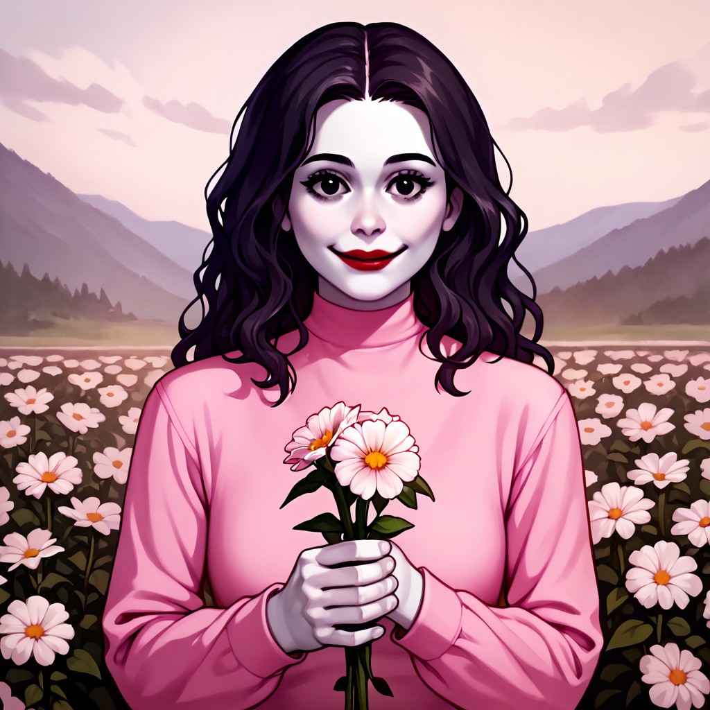 score_9, score_8_up, score_7_up BREAK ValeAyV, 1girl, wavy black hair, black eyes, pale skin, red lipstick, long-sleeved pink dress, holding flowers, smiling at viewer, cowboy shot, beautiful scenery, cartoon, source_cartoon,