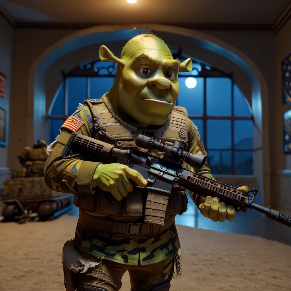 score_9, score_8_up, score_7_up, source_furry, 1boy, solo, BREAK 
shrek, green skin, laughing, ((war torn)), BREAK
Insane quality, <lora:Holding_Weapon_Lora_-_For_Pony_models:1> ho1ding-weap0n, (holding rifle:1.2), military, night, ((inside base environment, inside base, tank)), dark eerie night, (((((wearing military outfit:1.2)))))