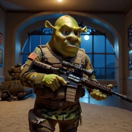 score_9, score_8_up, score_7_up, source_furry, 1boy, solo, BREAK 
shrek, green skin, laughing, ((war torn)), BREAK
Insane quality, <lora:Holding_Weapon_Lora_-_For_Pony_models:1> ho1ding-weap0n, (holding rifle:1.2), military, night, ((inside base environment, inside base, tank)), dark eerie night, (((((wearing military outfit:1.2)))))