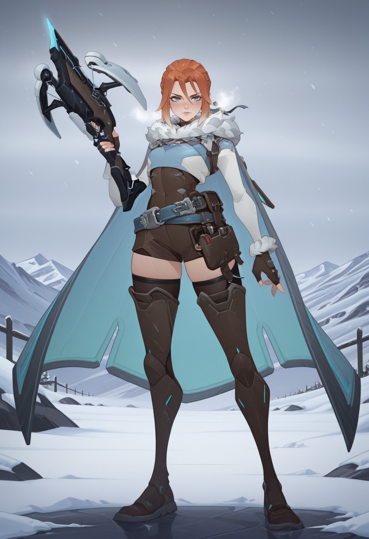 masterpiece, best quality, amazing quality, ,<lora:frejaIllustrious:1> ow2freja,
thighhighs, boots, cape, belt, gloves, fur trim, <lora:afkArenaIllustrious:1> afkarenastyle, blizzard, crossbow