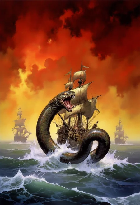Comic book style 8k high quality digital painting , masterpiece, very detailed, ultra realistic, (best quality) very detailed epic masterpiece, a sailing ship on a stormy ocean is being attacked by a giant sea snake emerging from the water, winding around the ship, big waves, dramatic dark red yellow sky, action, scary, best quality, epic scene, Dungeons and dragons atmosphere, heroic fantasy, fna_style, Comic book style