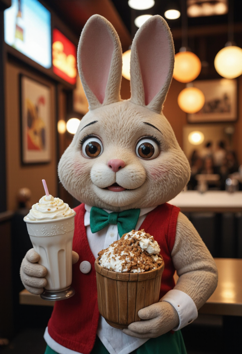 <lora:Pieper-Puppet-023:0.8>,A stuffed bunny in 1950s diner attire, holding a milkshake.,glossy paper, iso150, 35mm, score_9, intricate details, Hyperrealism style, 3d, concept-art, dreaminess, psychedelic, shallow-depth-of-field, cinematic lighting, soft bokeh, very beautiful composition, Unreal, real-time 3D, Epic Games style, Unreal Engine style, 3d-rendering, vibrant contrast depth and shadow enhanced using (Gaussian blur) for a soft background focus, (sharpen filter) applied, (color grading) to enhance contrast between warm and cool tones, (noise reduction) for a smooth, clean finish, (HDR toning) used for extra depth and detail, highly detailed dreamy background detailed skin texture, subsurface scattering award-winning, professional, highly detailed, dreamlike, mysterious, provocative, symbolic, intricate, detailed, hyper-detailed, masterpiece, award winning, midjourneyv6.1