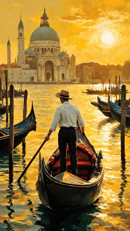 vibrant, impressionistic painting depicting a romantic Venetian scene at sunset. The primary colors used are warm, with shades of gold, yellow, and orange dominating the sky and reflecting off the water. The central figure is a gondolier, a man standing in a traditional black gondola, rowing with a long oar. He is dressed in a white shirt and a wide-brimmed straw hat, adding a touch of classic elegance. The gondola is adorned with a red cloth, which adds a pop of color to the otherwise muted tones of the scene.In the background, the iconic Basilica di Santa Maria della Salute, with its distinctive dome and ornate facade, stands prominently on the left side. The building is illuminated by the warm, golden light of the setting sun, casting a reflection on the water. To the right, several other gondolas are moored, their dark, sleek shapes contrasting with the bright colors of the sky and water. The water itself is a shimmering gold, with gentle ripples and reflections adding texture.The overall mood of the painting is serene and picturesque, capturing the timeless beauty of Venice at dusk., aidmaimageupgrader, aidmaMJ6.1