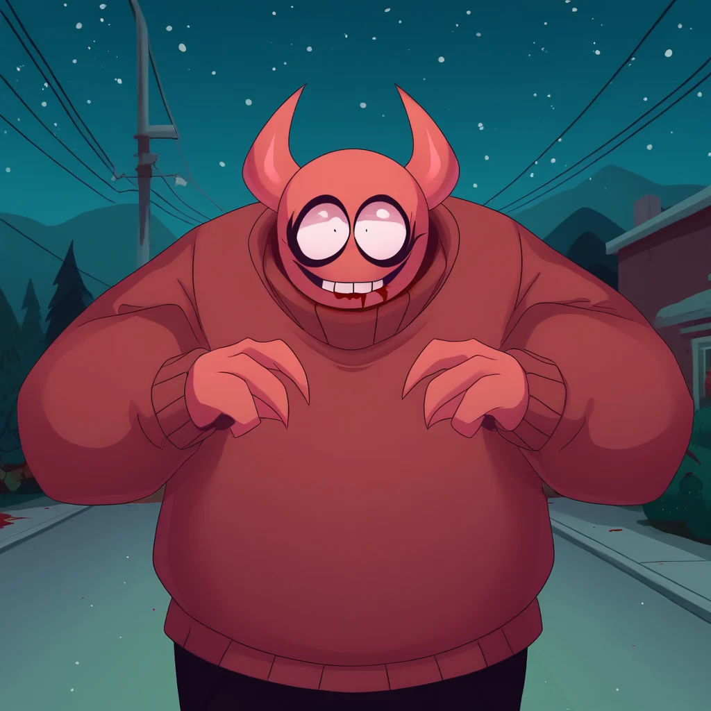 score_7_up, BREAK, 1boy, solo, BOBVELSEB, colored skin, red skin, horns, sweater, portrait, outdoors, <lora:BobVelseb_PXL_Leaf1:1>, night, blood on clothes,