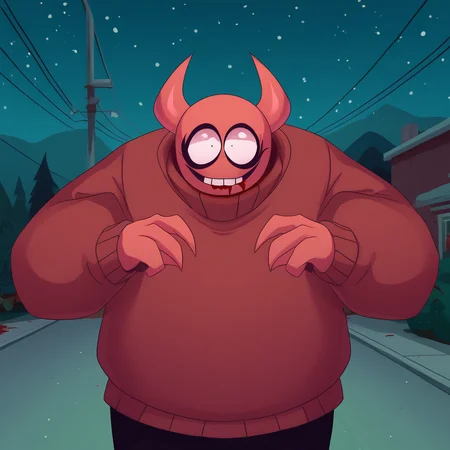 score_7_up, BREAK,  1boy, solo, BOBVELSEB, colored skin, red skin, horns, sweater, portrait, outdoors,  <lora:BobVelseb_PXL_Leaf1:1>, night, blood on clothes,