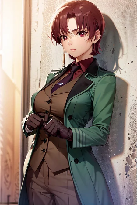 (masterpiece, best quality:1.2), bazett, fgo, 1girl, solo, (case on back:1.1), short hair, red hair, bangs, red eyes, mole under eye, large breasts, formal suit, (vest, coat, open coat:1.1), black gloves, red shirt, necktie, adjusting gloves <lora:BAZETT-15:0.8>