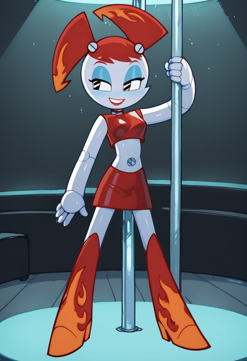 score_9,score_8_up,score_7_up, Expressiveh, Jenny, 1girl, solo, hot rod jenny, robot joints, twintails, red hair, black eyes, red tube top, red skirt, orange flame accents, sexy, come hither, seductive, red hair, standing, red knee boots, pole dancing, small breasts,  BREAK, detailed background, indoors, 90s neon lights, stripper stage, dance floor, stripper pole, BREAK, cowboy shot, BREAK, vibrant colors, cinematic lighting, 75% soft lighting, 25% dark lighting