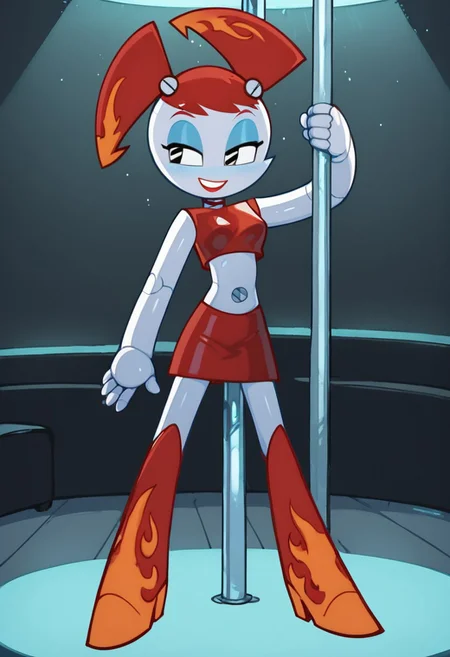 score_9,score_8_up,score_7_up, Expressiveh, Jenny, 1girl, solo, hot rod jenny, robot joints, twintails, red hair, black eyes, red tube top, red skirt, orange flame accents, sexy, come hither, seductive, red hair, standing, red knee boots, pole dancing, small breasts,  BREAK, detailed background, indoors, 90s neon lights, stripper stage, dance floor, stripper pole, BREAK, cowboy shot, BREAK, vibrant colors, cinematic lighting, 75% soft lighting, 25% dark lighting