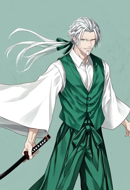 score_9, score_8_up, score_7_up, score_6_up, score_5_up, score_4_up, source_anime, 1boy, solo,
y0uki, vergil_\(devil_may_cry\), long_hair, blue_eyes, green_vest, whirt_shirt, long_sleeves, wide_sleeves, ponytail, hair_ribbon, hakama_skirt, green_hakama, sword, katana, sheath, sheathed, seven_katana, beard, old_man, green_kimono, facial_hair, white_hair, japanese_clothes, hakama_pants, white_kimono,
masterpiece, best quality, very aesthetic, absurdres,