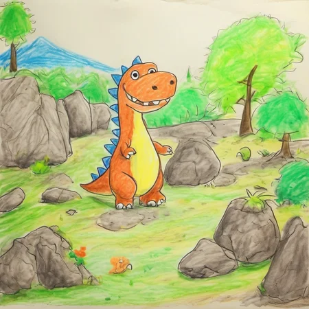 children-drawing, cartoon dinosaur, t-rex, similar species, standing, foreground, outdoor scene, looking, off screen, rocks, scattered, dinosaurâs feet, teddy bear, nearby, drawing, scene, smaller figure, right side, image, purpose unclear<lora:children-drawing_XL-4:1>,