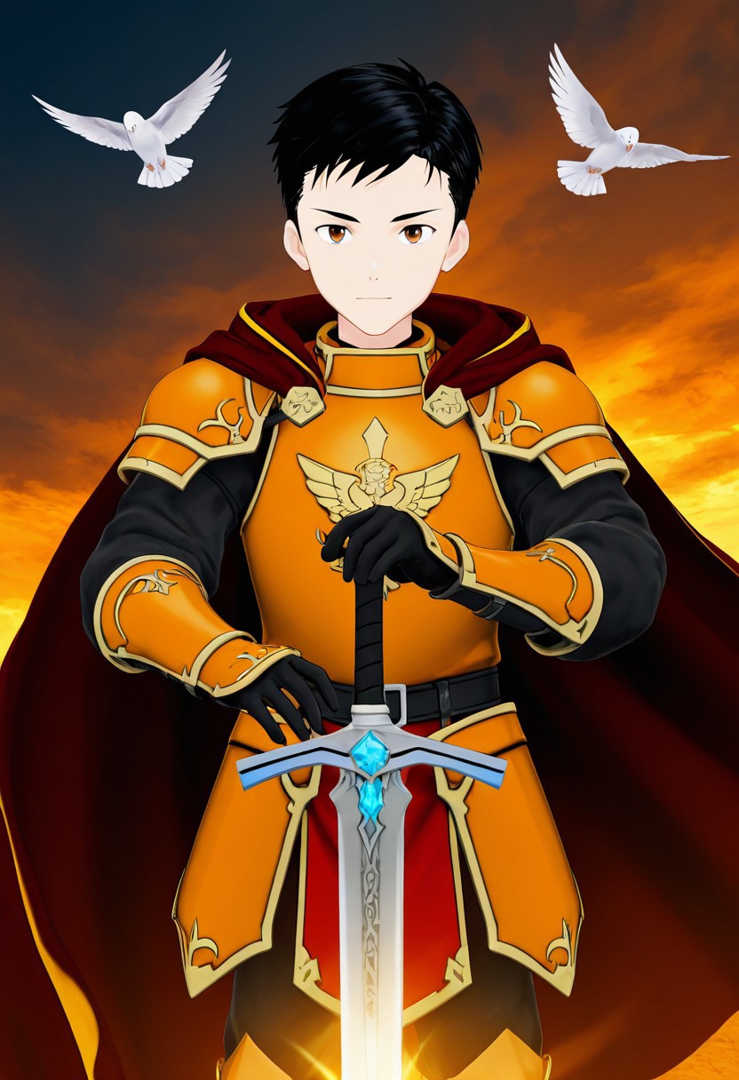 harmard, black hair, short hair, brown eyes, 1boy, solo, solo focus, young, youthful, he is dressed in a suit of dark iron platemail. Break. his right hand is holding up a black coloured sword, Properly holding the sword by the hilt, right hand up, brandishing a sword, his armour bears a crest of a yellow dove. fantasy armour. stylized silver dove emblems and symbols on armour and sheild. Break. epic background is a a beautiful palace. a strong wind is blowing his cape, orange coloured armour, ready to fight pose, dawn sky in the background