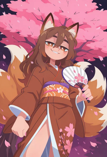 uncensored, highest quality, masterpiece, intricate details, highly detailed, drapped kimono, embroided kimono, japanese fan, dutch angle, cowboy shot, dynamic shot, dynamic pose, 1 boy, solo, brown fox ears, long hair, long bangs, brown hair, fox tail, nine tails, masculine eyes, masculine face:0.8, average physique, tall, yandere, smirk, chiaroscuro, very awa, t4kar4i_illu, no_outlines,no lineart, vanripper:0.5, cherry blossom, petals, pink atmosphere