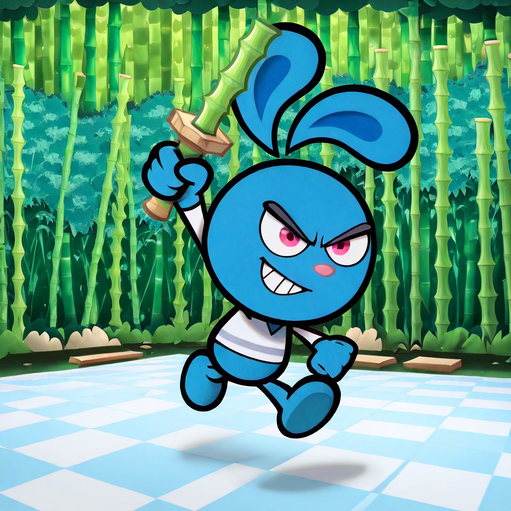 (((stkrstar:1))), highres, high quality,yang, pink eyes, blue body, rabbit,furry,white training shirt, bamboo sword, bamboo forest, smirk, action pose, smug, dynamic pose, dynamic angle, checkerboard