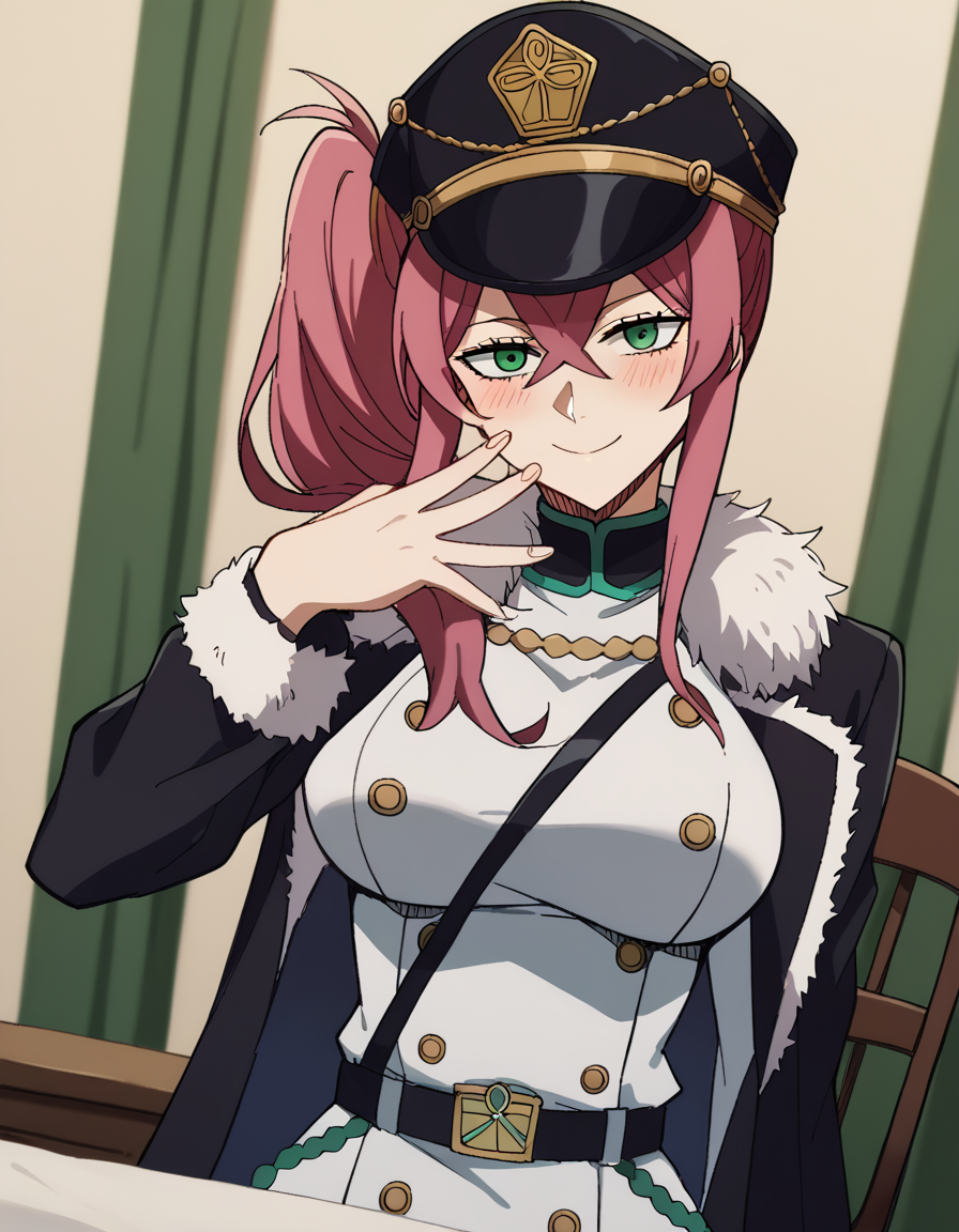 score_9, score_8_up, score_7_up, source_anime, <lora:princia-funnybunny-movie-ponyxl-lora-nochekaiser_r1:1>, princia funnybunny, long hair, green eyes, pink hair, red hair, crossed bangs, sidelocks, hat, jacket, belt, uniform, fur trim, military, military uniform, peaked cap, large breasts,, dining room, table, chairs, dishes, cutlery, , <lora:sidetail-miku-noodle-stopper-ponyxl-lora-nochekaiser:1> sidetail miku noodle stopper, sidetail miku noodle stopper (meme), meme, side ponytail, hand up, blush, smile, bed room,, cowboy shot, looking at viewer,, looking at viewer, solo,, dutch angle, cowboy shot