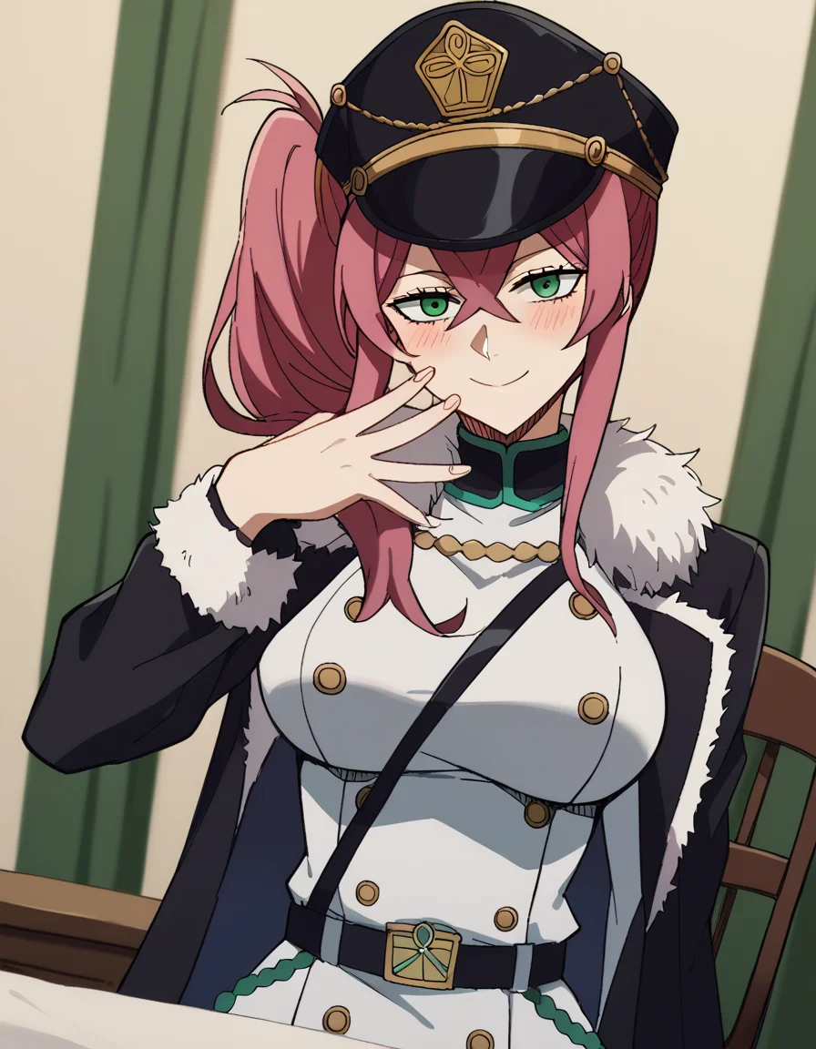 score_9, score_8_up, score_7_up, source_anime, <lora:princia-funnybunny-movie-ponyxl-lora-nochekaiser_r1:1>, princia funnybunny, long hair, green eyes, pink hair, red hair, crossed bangs, sidelocks, hat, jacket, belt, uniform, fur trim, military, military uniform, peaked cap, large breasts,, dining room, table, chairs, dishes, cutlery, , <lora:sidetail-miku-noodle-stopper-ponyxl-lora-nochekaiser:1> sidetail miku noodle stopper, sidetail miku noodle stopper (meme), meme, side ponytail, hand up, blush, smile, bed room,, cowboy shot, looking at viewer,, looking at viewer, solo,, dutch angle, cowboy shot