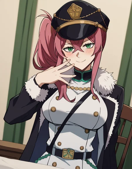 score_9, score_8_up, score_7_up, source_anime, <lora:princia-funnybunny-movie-ponyxl-lora-nochekaiser_r1:1>, princia funnybunny, long hair, green eyes, pink hair, red hair, crossed bangs, sidelocks, hat, jacket, belt, uniform, fur trim, military, military uniform, peaked cap, large breasts,, dining room, table, chairs, dishes, cutlery, , <lora:sidetail-miku-noodle-stopper-ponyxl-lora-nochekaiser:1> sidetail miku noodle stopper, sidetail miku noodle stopper (meme), meme, side ponytail, hand up, blush, smile, bed room,, cowboy shot, looking at viewer,, looking at viewer, solo,, dutch angle, cowboy shot
